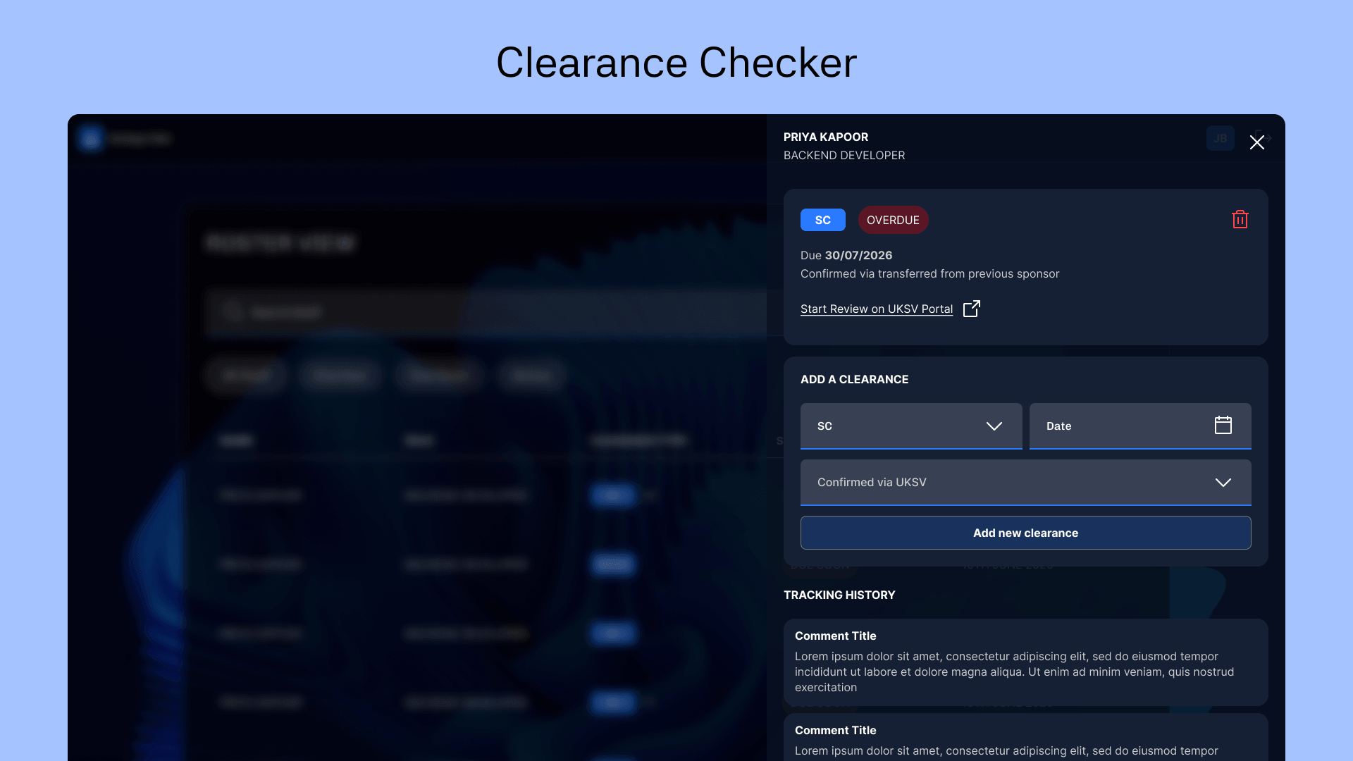 Clearance Checker — an overdue SC clearance showing its due date, confirmation method, a link to the UKSV portal, and the tracking history beneath.